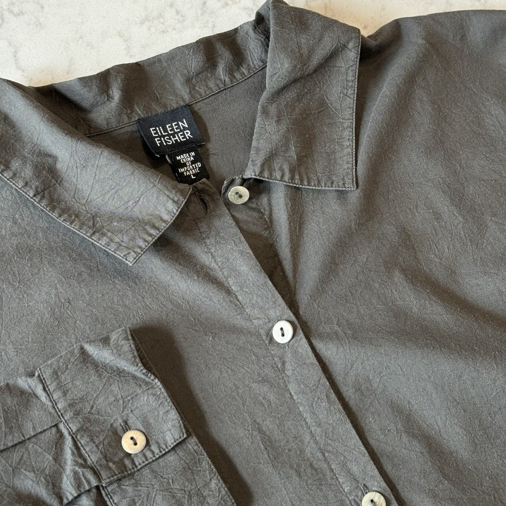Eileen Fisher 100% Cotton Button Up Tunic Shirt Large Charcoal Gray